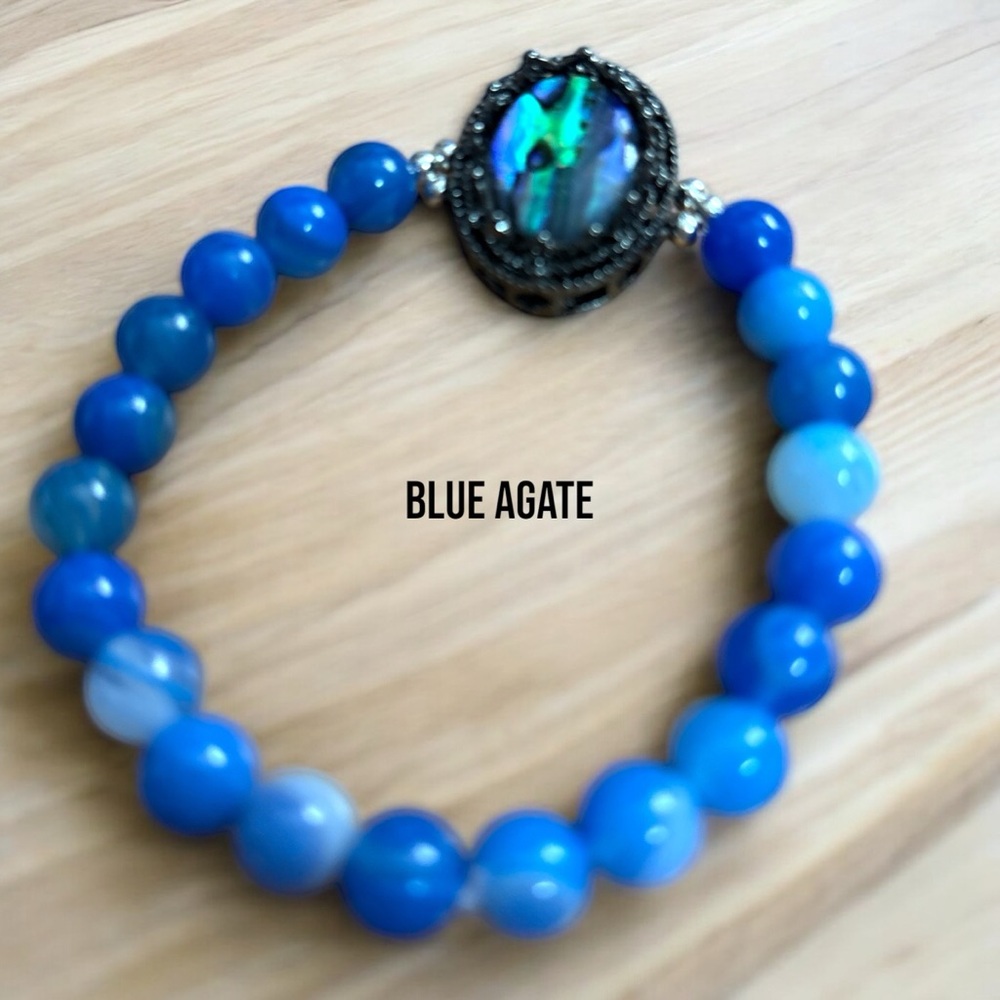 0229B Blue and Silver Beaded Bracelet with Iridescent Centerpiece